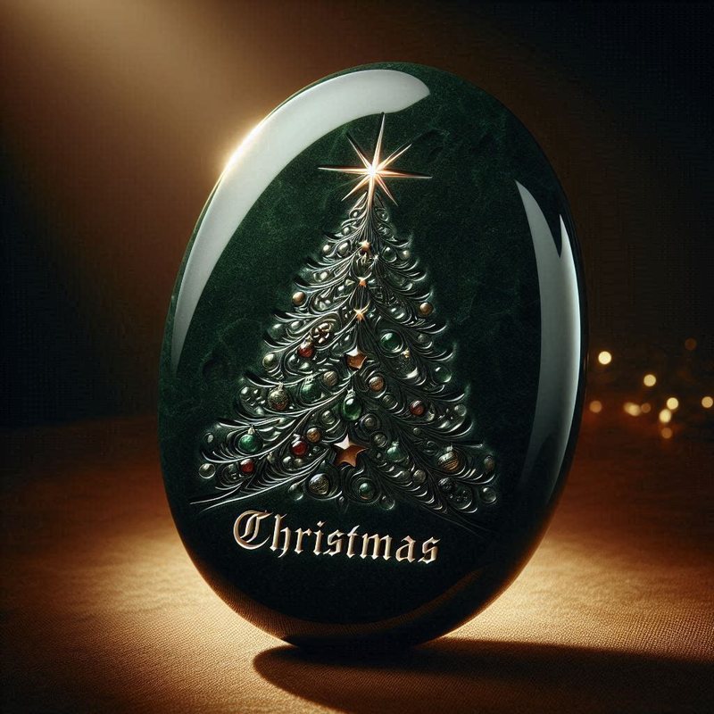 A deep green Memory Stone engraved with a decorated Christmas tree and the word Christmas